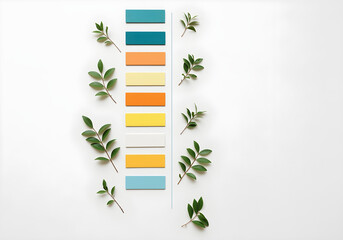 flat lay of colorful arrow infographic elements with scattered green leaves

