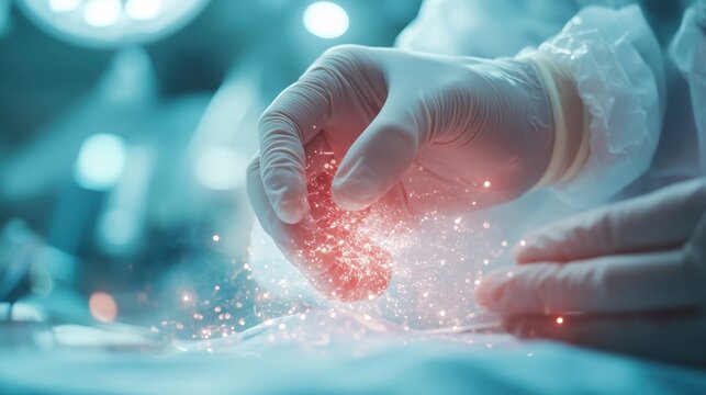 A pair of gloved hands delicately manipulate sparkling particles within a medical environment, representing the intersection of technology and healthcare innovation.