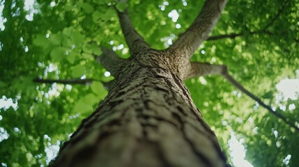 Fototapeta premium Tall tree viewed from below with lush green leaves and bright sunlight filtering through