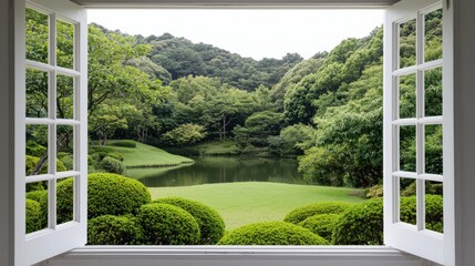 Fototapeta premium Scenic View Through Open Window Overlooking Lush Green Garden Landscape