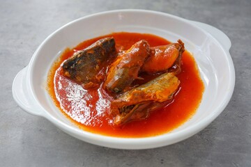 Mackerel in Tomato Sauce,canned fish,Tinned fish in a white plate