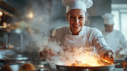 A passionate female chef showcases her culinary skills as flames burst from a pan in a busy kitchen, representing creativity and the art of cooking, filled with energy.