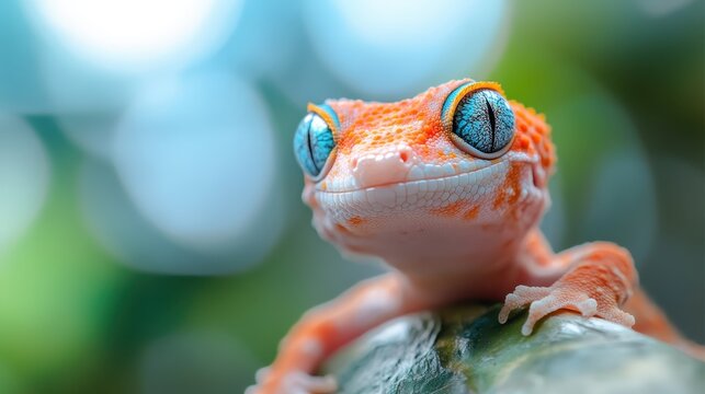 A vibrant close-up image of a gecko with remarkable blue eyes, resting on a surface, showcasing its vivid colors and unique appearance that captivates nature lovers and wildlife enthusiasts.