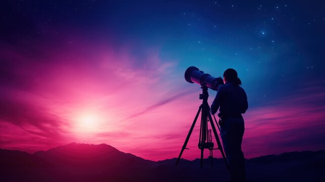 A captivating silhouette captures a stargazer poised with a telescope against a vibrant twilight sky, representing curiosity and the quest for knowledge among the stars.