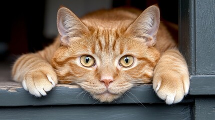 An orange tabby cat with green eyes resting its head and paws on a windowsill