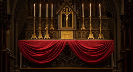 Golden altar with red cloth and lit candles in dimly lit church interior, evoking solemn and reverent atmosphere
