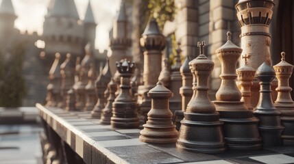 A Strategic Chess Game Unfolding Against a Grand Castle Backdrop
