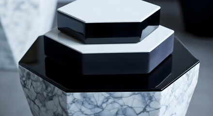 Modern Geometric Stacked Hexagon Tables with Marble and Black Lacquer Finish