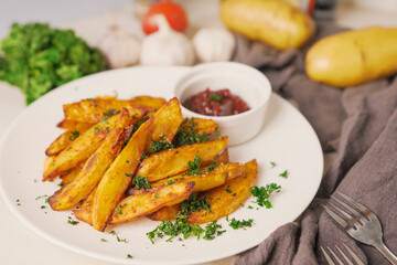 Tasty of baked potatoes with paprika and garlic, topped with fresh parsley and rich tomato sauce an irresistible homemade dish served fresh from the oven.