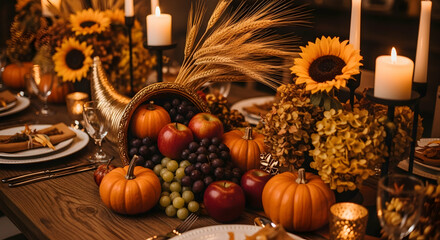 Elegant Thanksgiving Table Setting with Cornucopia Abundance and Festive Decoration