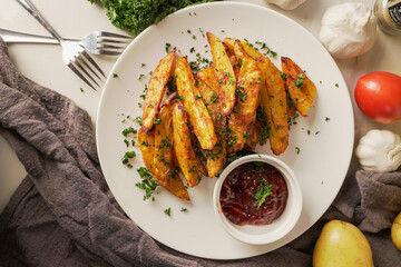 Top view baked potatoes with paprika and garlic, topped with fresh parsley and rich tomato sauce an irresistible homemade dish served fresh from the oven.Vertical photo