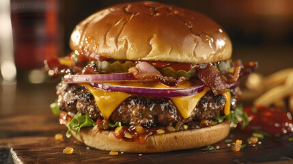A delicious burger featuring a juicy patty, fresh lettuce, onions, and a special sauce, all nestled between a soft bun, Generative AI