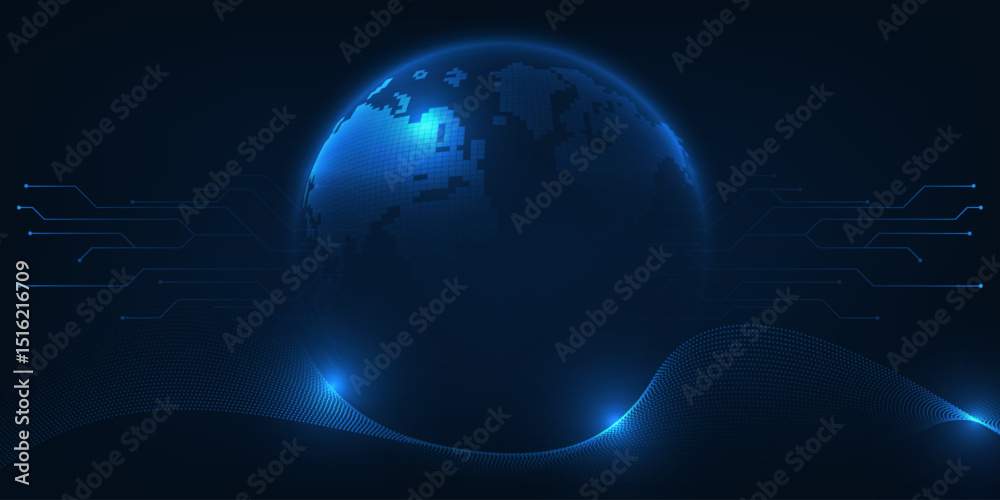 Poster abstract blue technology background with 3d globe digital communication concept.