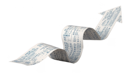 Long shopping receipt curling upwards, forming an arrow shape that symbolizes rising costs and inflation, set against a transparent background for versatile use in financial themes