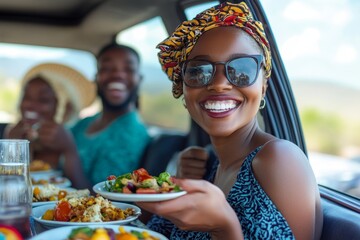 Happy black woman, smile and eating on road trip adventure with friends in travel for summer vacation or journey. African American female smiling and enjoying a healthy meal for holiday