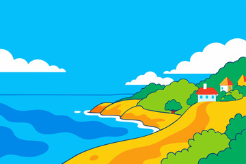 Summer landscape vector illustration with green meadows, sky, and water; a tranquil nature scene featuring a lake, river, or mountains