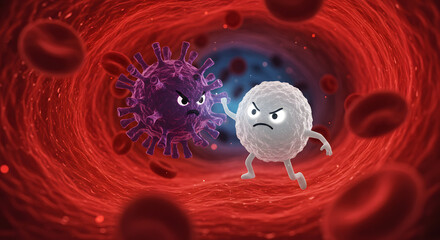 Microscopic Battle White Blood Cell vs. Virus in Human Blood Vessel