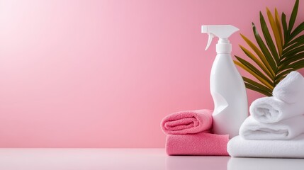 An inviting image featuring cleaning tools arranged neatly alongside soft towels and green leaves, set against a pastel pink backdrop, promoting freshness and cleanliness.