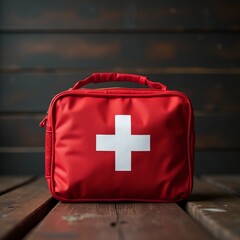 first aid kit on red background