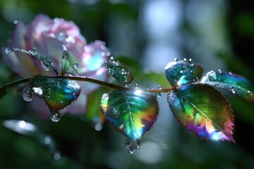 Colorful raindrops on vibrant rose leaves glisten under soft sunlight in early morning