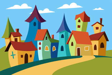 A captivating vector illustration of a fantasy fairy tale castle, showcasing medieval architecture with towers and windows in a whimsical landscape