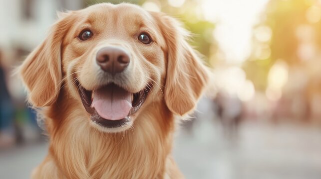 A cheerful golden retriever with a bright smile enjoys a sunny day outdoors, embodying joy, loyalty, and the simple pleasures of life, capturing hearts with its playful demeanor. - Powered by Adobe