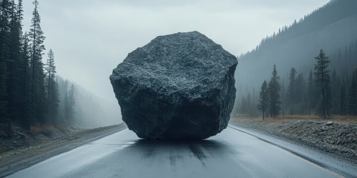 Colossal Boulder Blocks Deserted Mountain Road, A Symbol of Power, Isolation, and Obstacles.