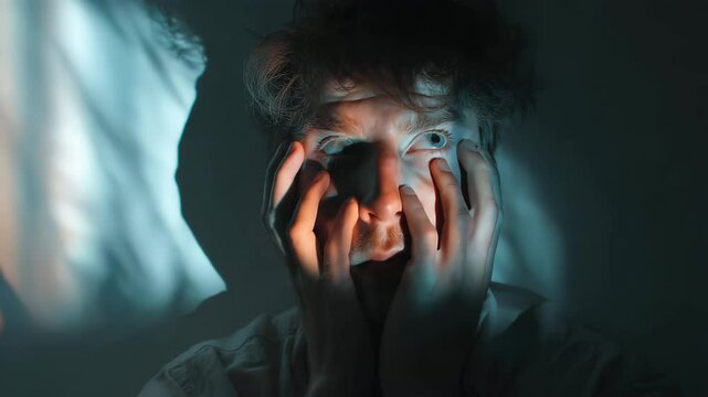 Concept of mental health. Guy see hallucinations. Mushroom lsd trip. Scared man with schizophrenia. Split mind. Person afraid illusion pictures feel fear. Panic attack. Effect of intoxication.