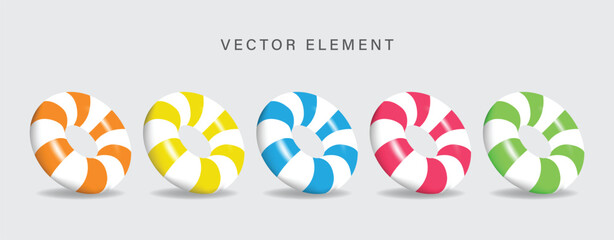3D Inflatable swimming ring in orange, yellow, blue, pink and green icon set. Rubber pool toy. Swim lifesaver. Summer time objects. Travel and vacation. Cartoon design icons isolated on white.