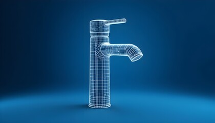 Modern faucet design visualized in 3d illustration. Wireframe model on blue background. Digital tech illustration shows faucet with clean lines, stylish shape. Elegant, precise design for water See Le