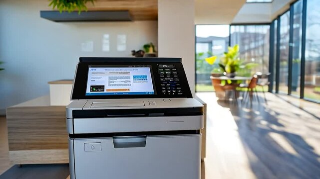 Modern multifunction printer with touchscreen display in a bright, sunny interior