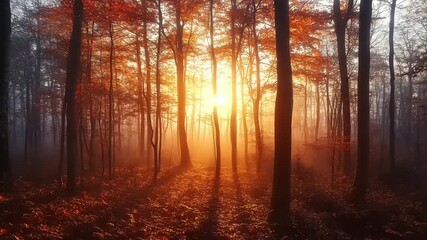 Serene autumn forest at sunrise, golden light filtering through trees, mist rising in the background - Powered by Adobe