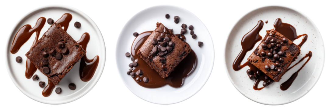 Set of chocolate brownie on a plate with liquid chocolate and chocolate chips isolated on a transparent background
