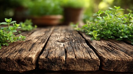 Close-up of weathered wooden surface with green plants in background
