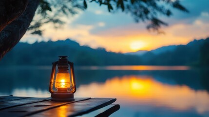 A rustic lantern glows softly by a tranquil lakeside at sunset, creating a warm ambiance and inviting reflection on the beauty of nature and serenity of dusk.