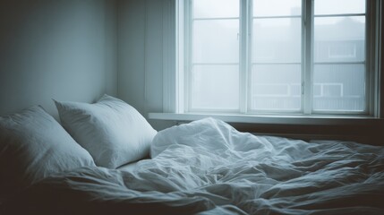 Cozy Bed by a Window Overlooking a Foggy Morning Scene