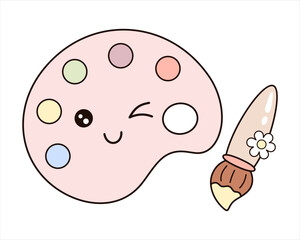 Cute paint palette and brush isolated clipart on white background, hand drawn vector illustration in flat style	
