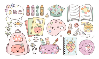 Groovy school clipart set, cute school supplies, retro back to school, pastel school hand drawn vector illustration in flat style	
