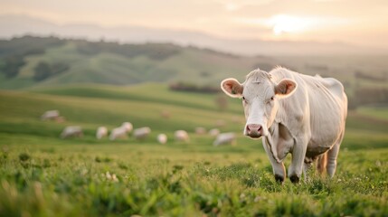 A peaceful white cow grazes in a lush green field, embodying tranquility and the beauty of rural life against a stunning countryside backdrop.