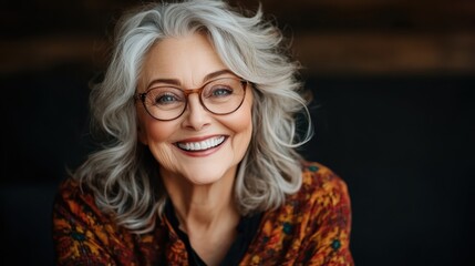 A joyful elderly woman with silver hair and glasses radiates warmth and charm, symbolizing the beauty and wisdom of aging in a cozy indoor setting.