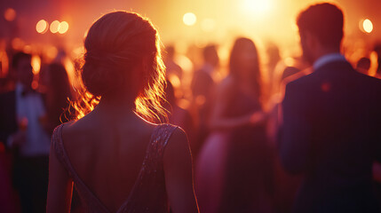 Blurred background of an elegant event with people dancing and socializing, captured in the soft light of the golden hour