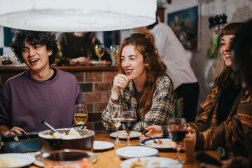A group of close friends enjoying an evening meal together, laughing and sharing stories in a warm, intimate setting, surrounded by delicious food and glasses of wine.