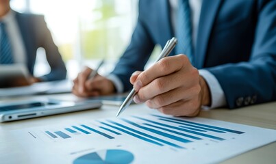 Businessman Analyzing Financial Charts Data Report Graphs Strategy Meeting Planning Office Pen Paper Table Growth Market