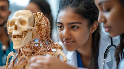 Medical Students Studying Human Anatomy Skeleton Model Detailed Brain Nervous System Research Education lab body bone   