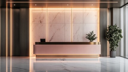 3D modern reception with a sleek pink counter, marble walls and floors, and elegant lighting for luxury interiors