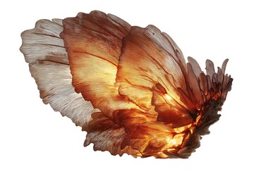 a glowing, intricate butterfly wing, captured mid-flight with ultra-high detail, suspended in front of a pure