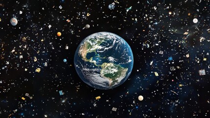 3D space view showing Earth surrounded by space debris from satellites and ships, highlighting orbital pollution. 