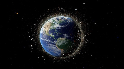 3D space view showing Earth surrounded by space debris from satellites and ships, highlighting orbital pollution. 