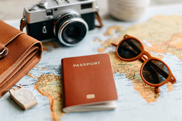 Travel essentials arranged on a vintage world map for an adventure planning session