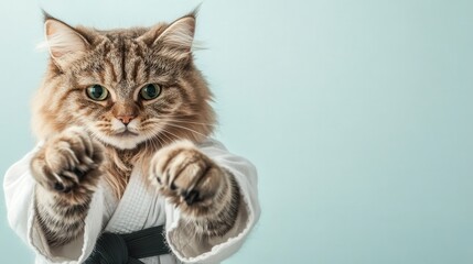 Adorable cat donned in a karate gi poses with a focused expression, blending the charm of pets with the discipline of martial arts, highlighting a humorous yet dedicated spirit.